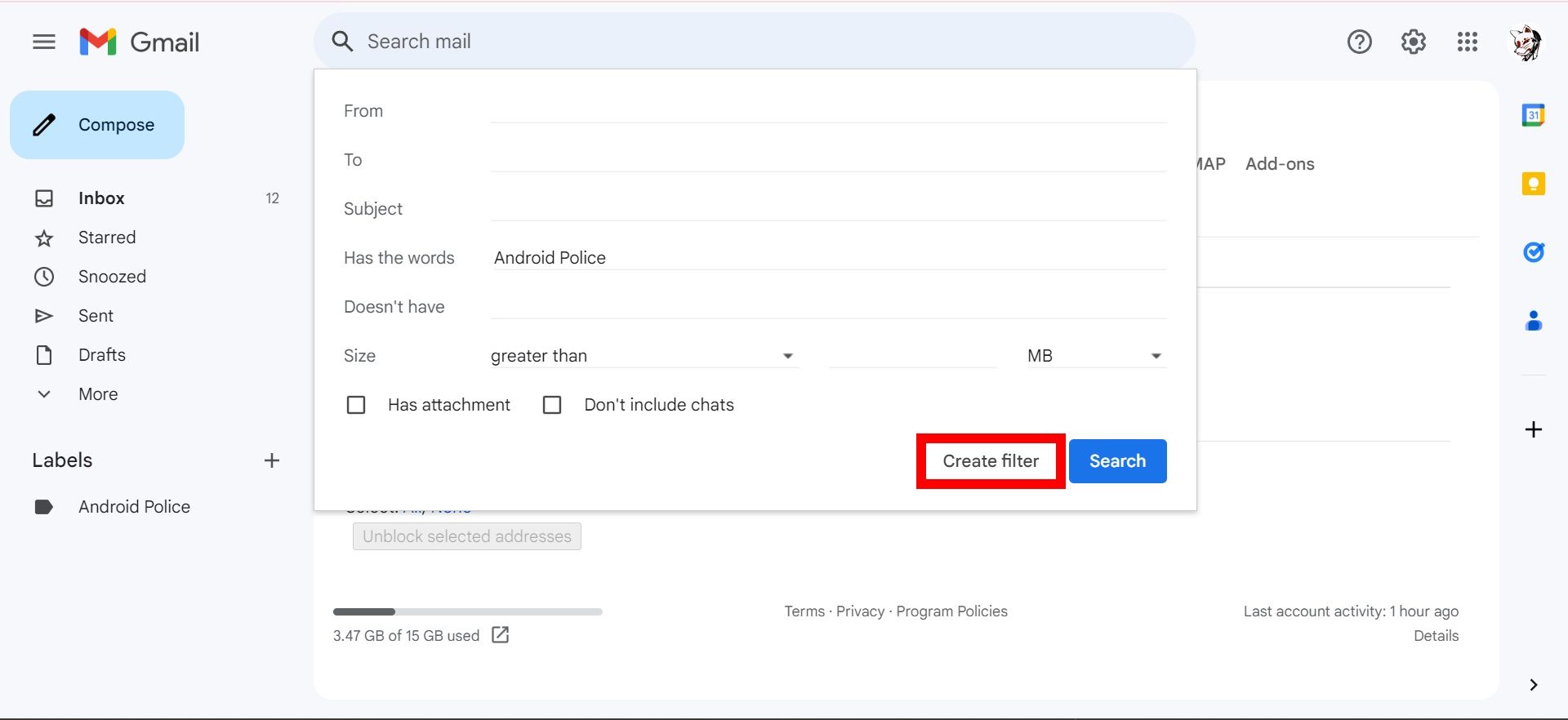 red rectangle outline over create filter option in gmail