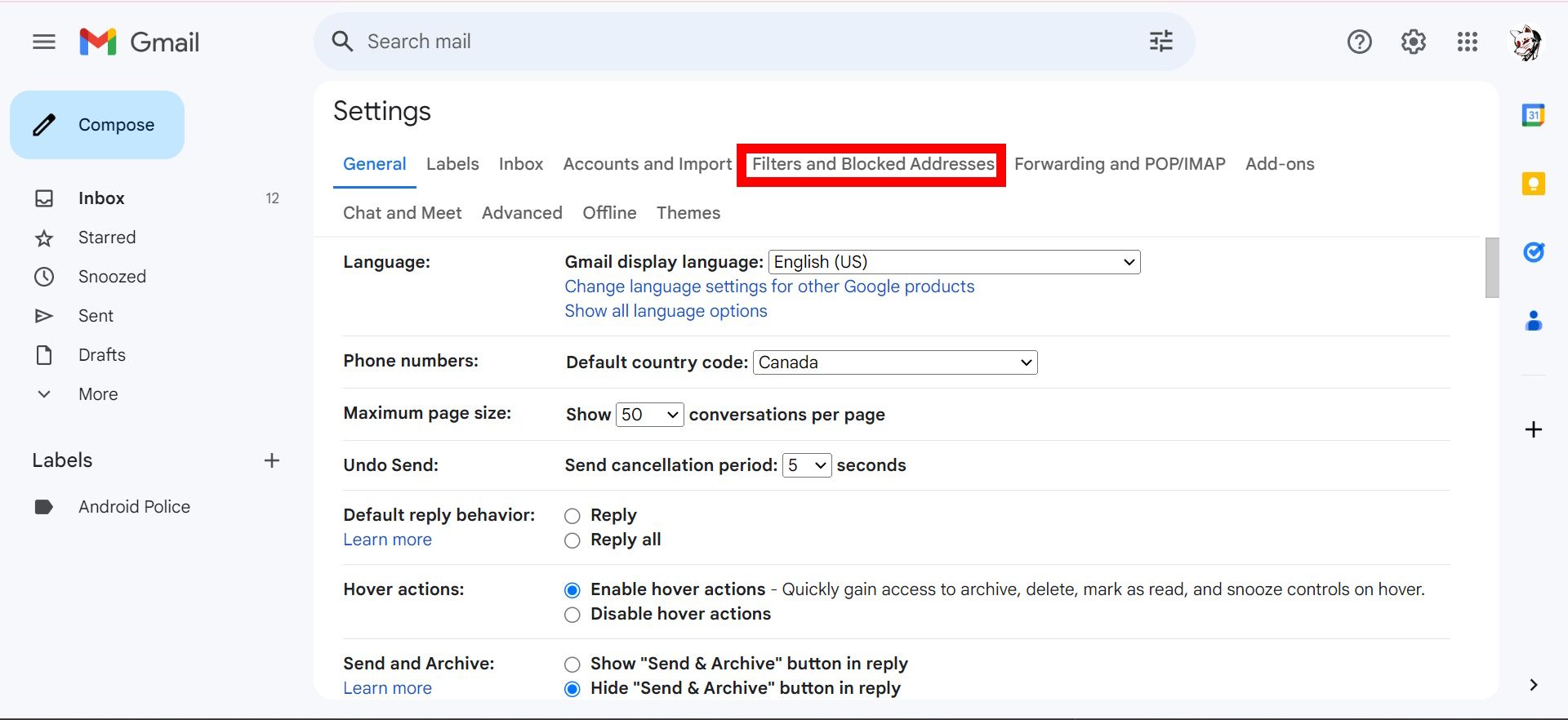 red rectangle over filters and blocked addresses tab in gmail settings