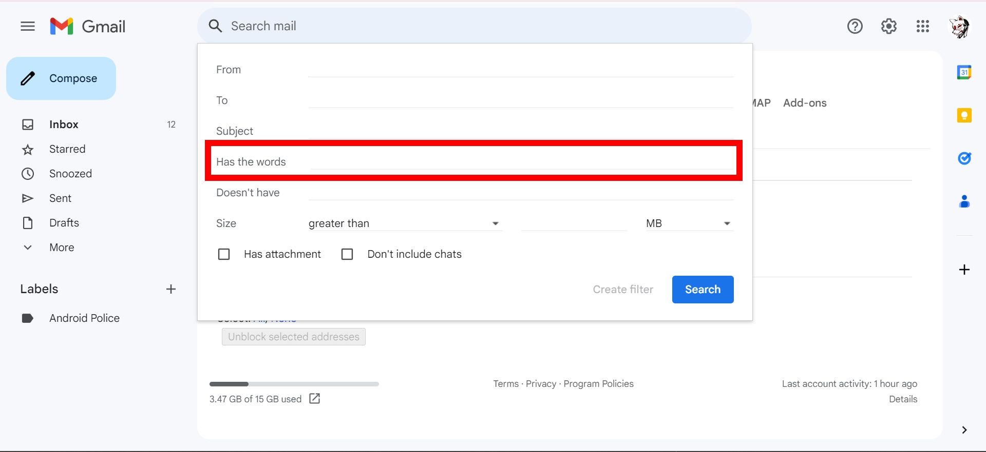red rectangle outline over has the words field in new gmail filter