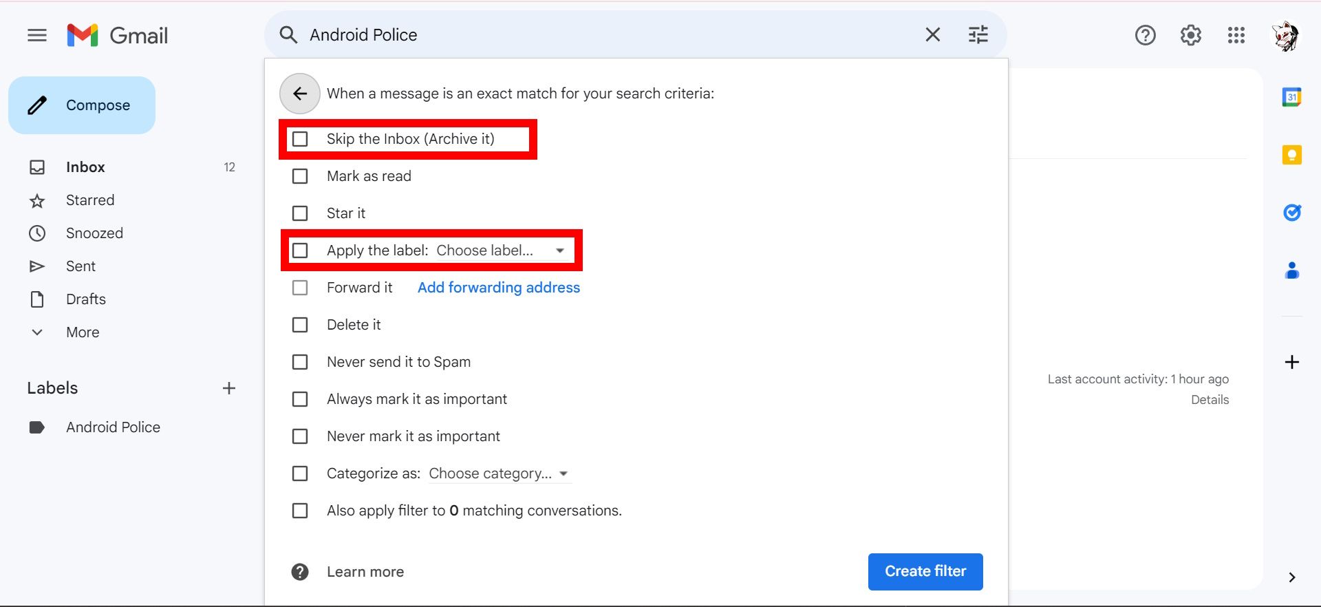 red rectangle outlines over adding skip the inbox (archive it) and apply the label for search criteria in gmail