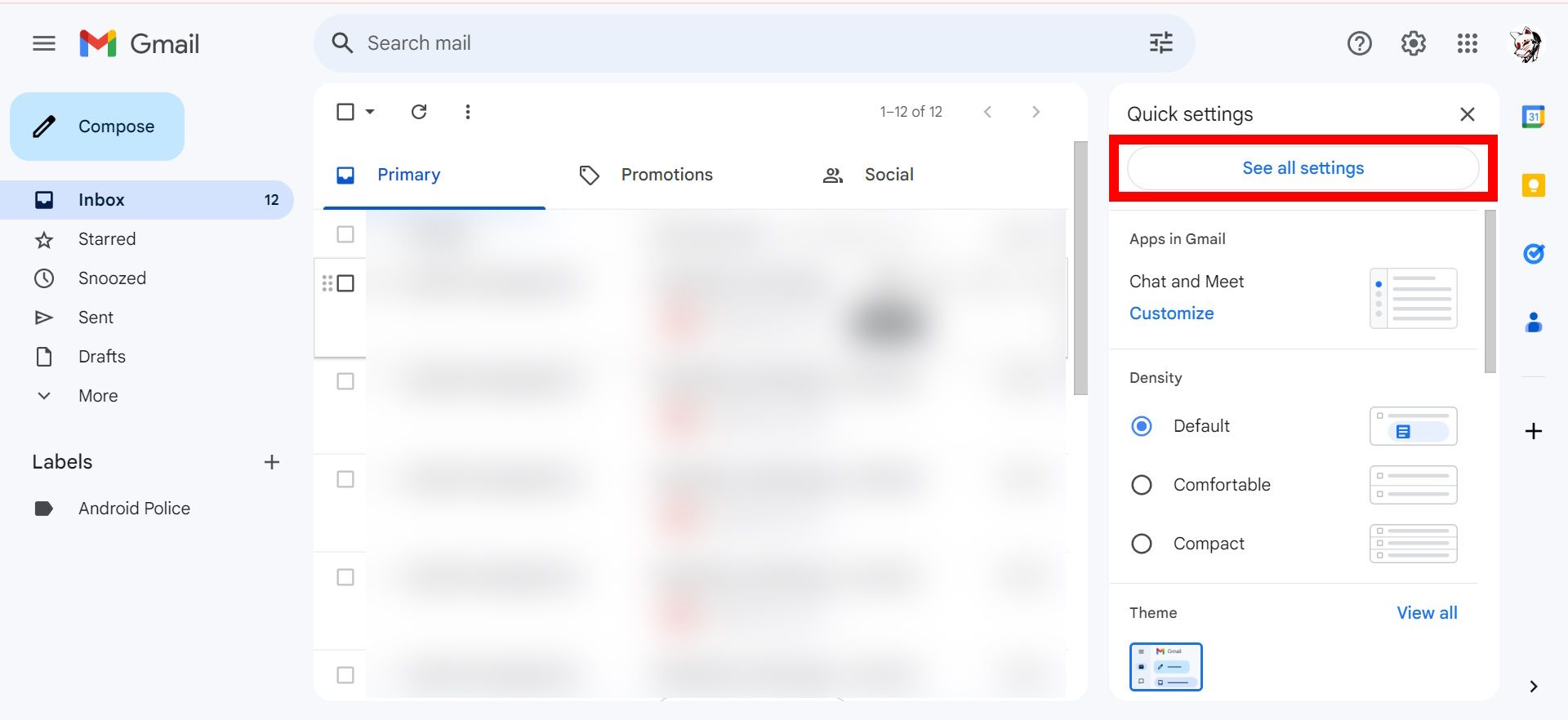 red rectangle outline over see all settings in gmail quick settings