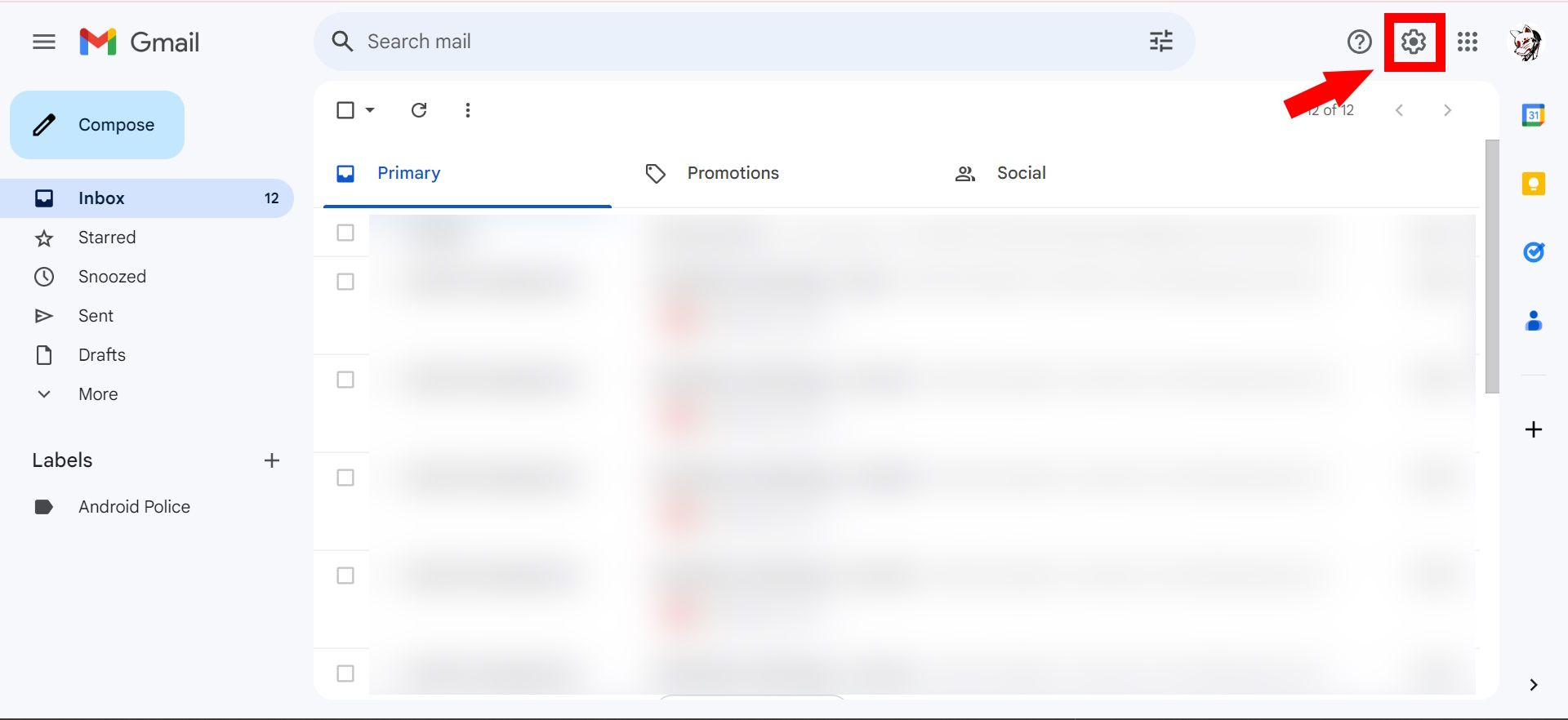 red square outline and red solid arrow pointing to gear (settings) icon in gmail