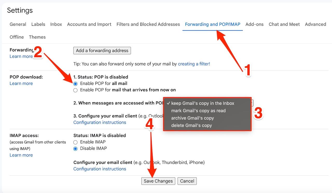 Gmail Forwarding and POP settings on PC