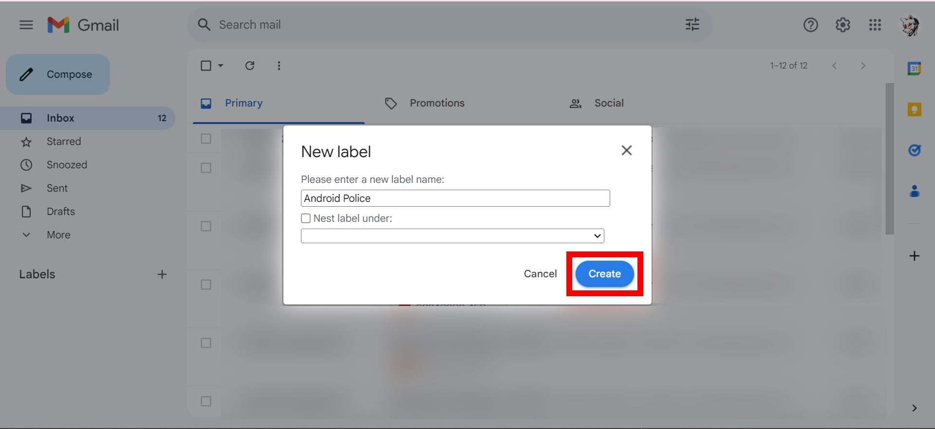 red rectangle outline over blue create button in new label window on gmail