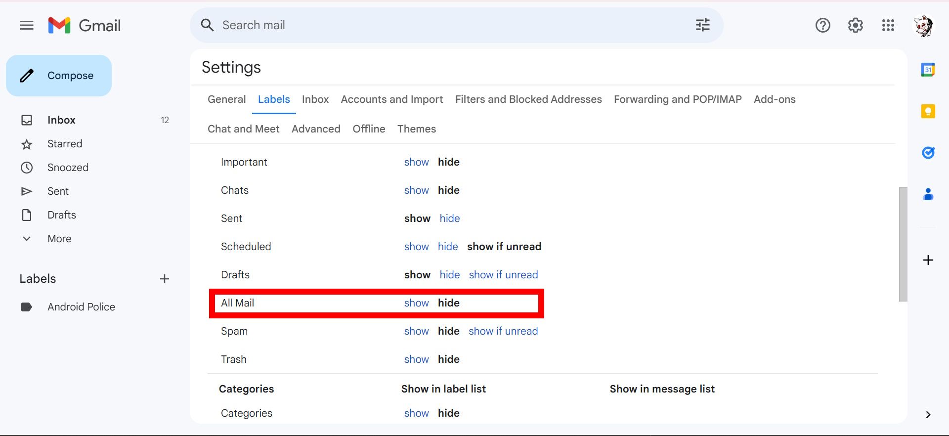 red rectangle outline over all mail labels settings in gmail