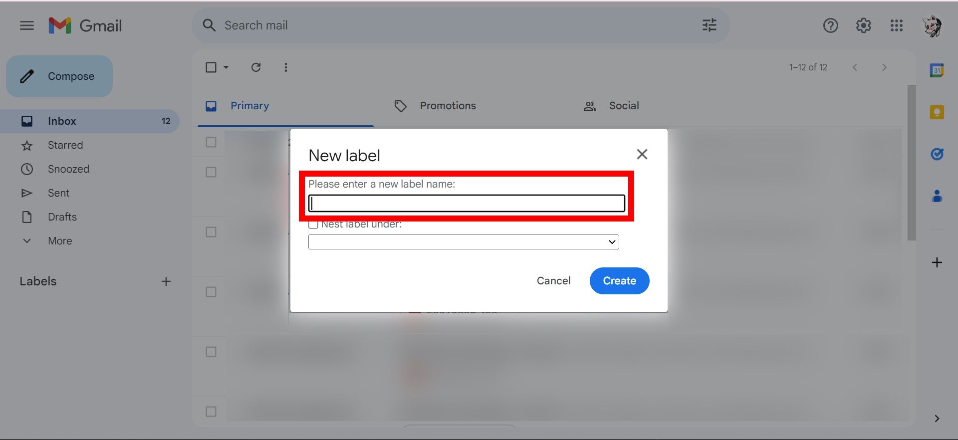 red rectangle outline new label name field for creating new label in gmail desktop view