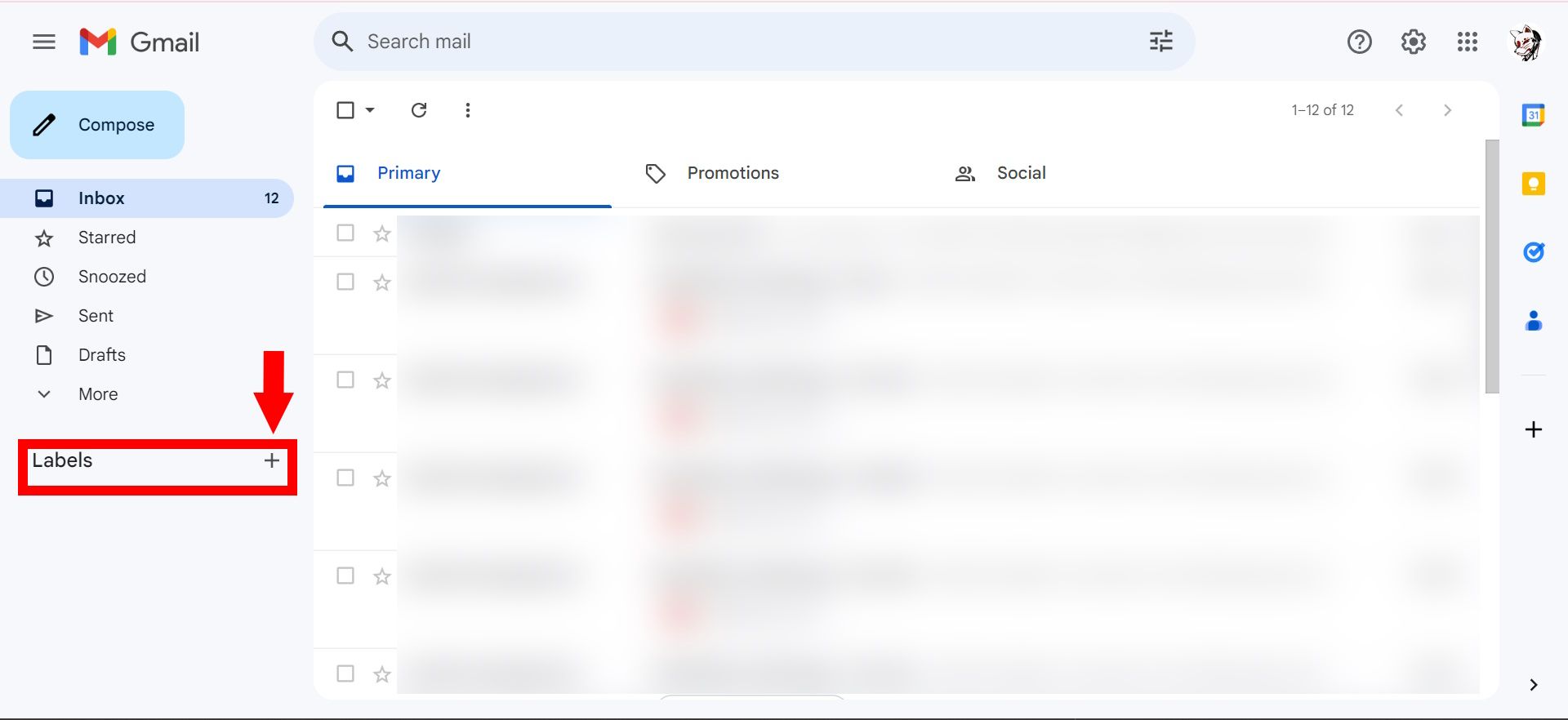 red rectangle outline over labels and red arrow pointing to plus sign on gmail home page desktop view