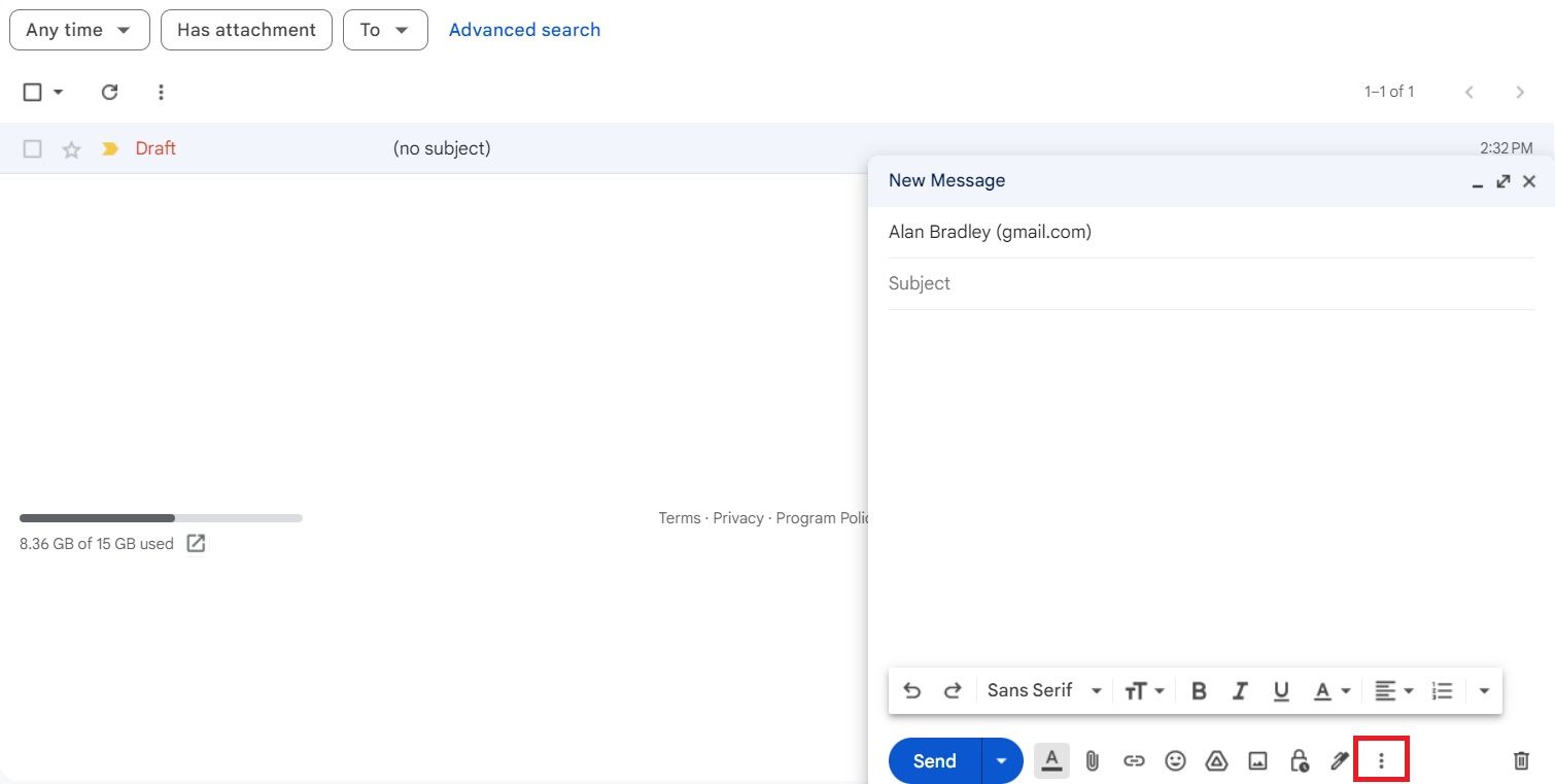 Screenshot of Gmail showing the three dots in a draft