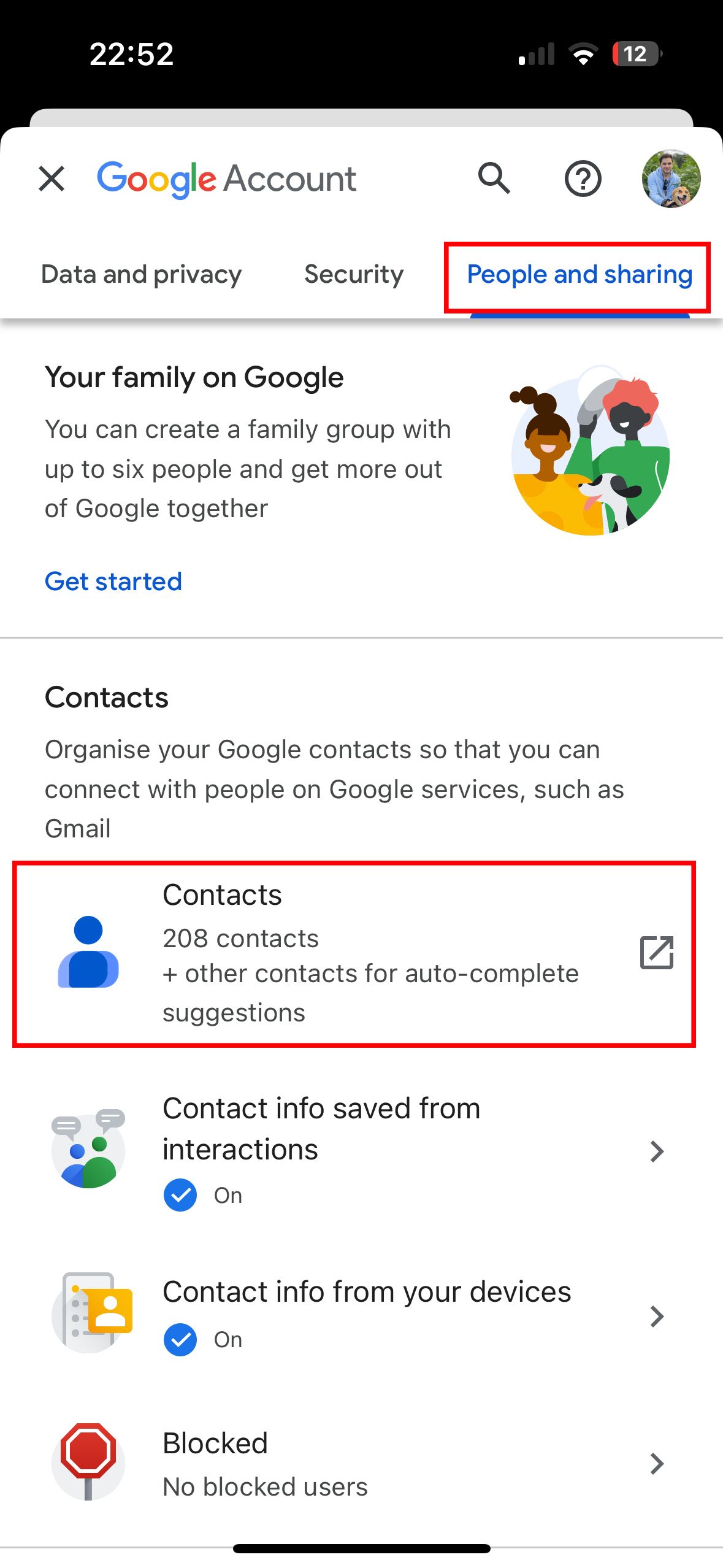 Mobile screen of Google Account settings with the 