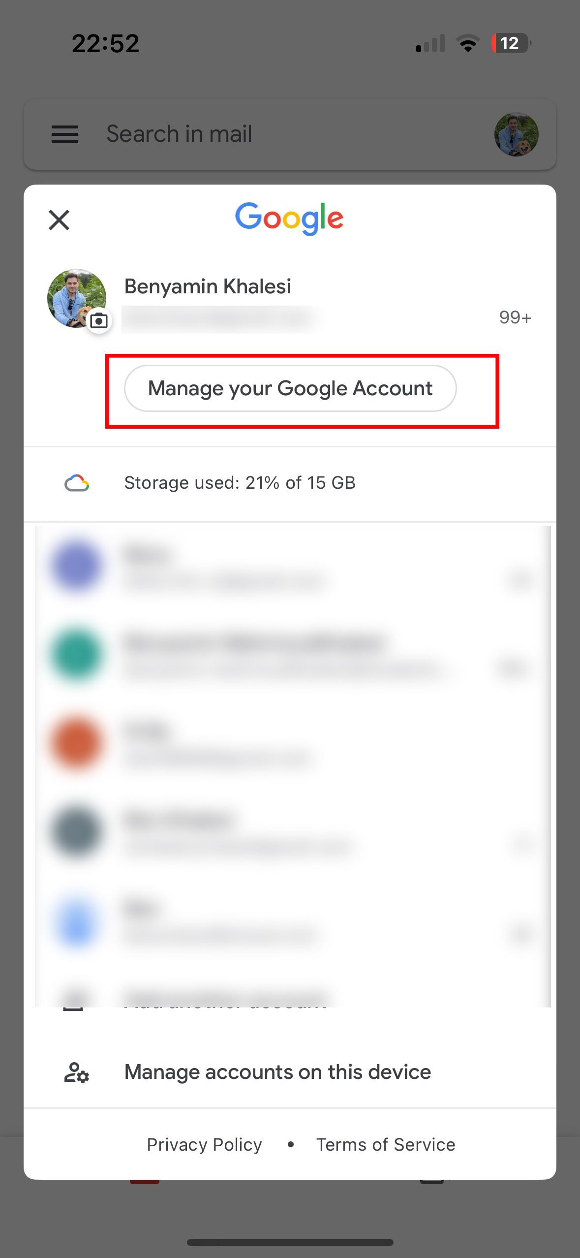 Mobile screen showing the Google Account overview with the 