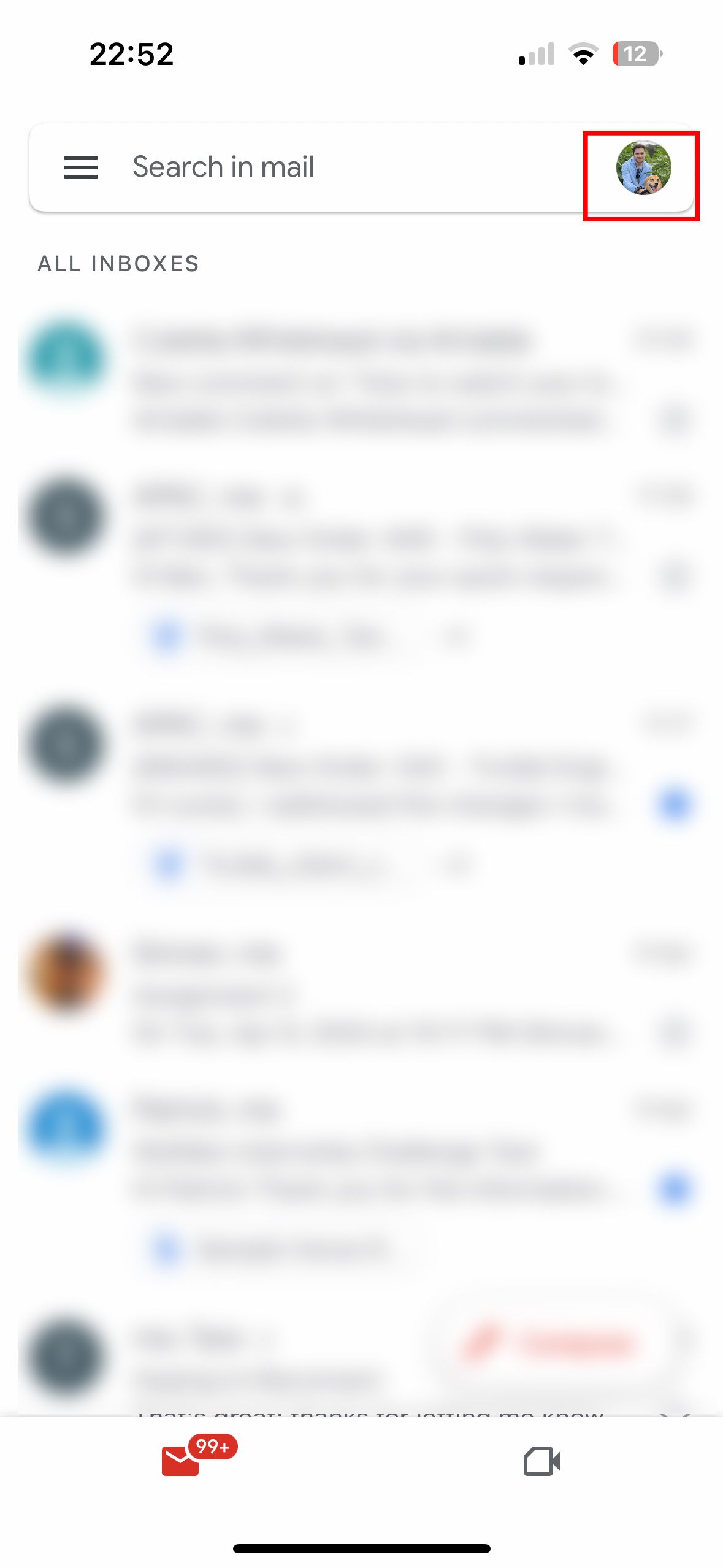 Mobile Gmail inbox view with a user's profile picture highlighted in red at the top.