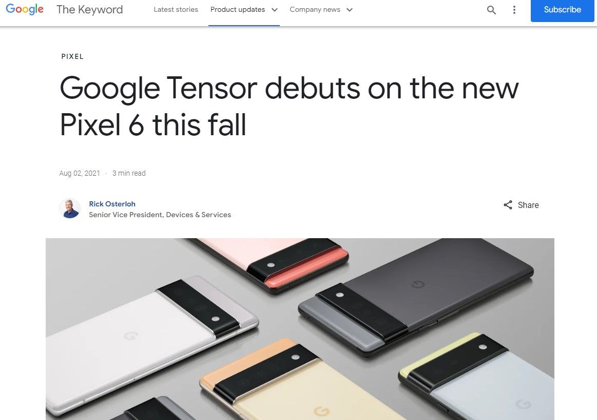 A screenshot of the August 2021 Google blog post revealing the Pixel 6 and Tensor chip.