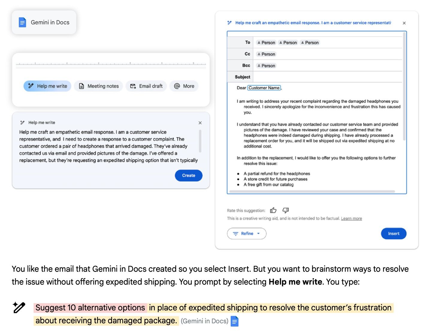 Manuel Gemini de Google montrant un exemple de l'apparence de l'IA dans Google Docs