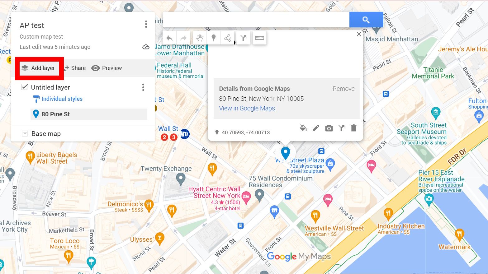 red rectangle outline over add layer option in google my maps