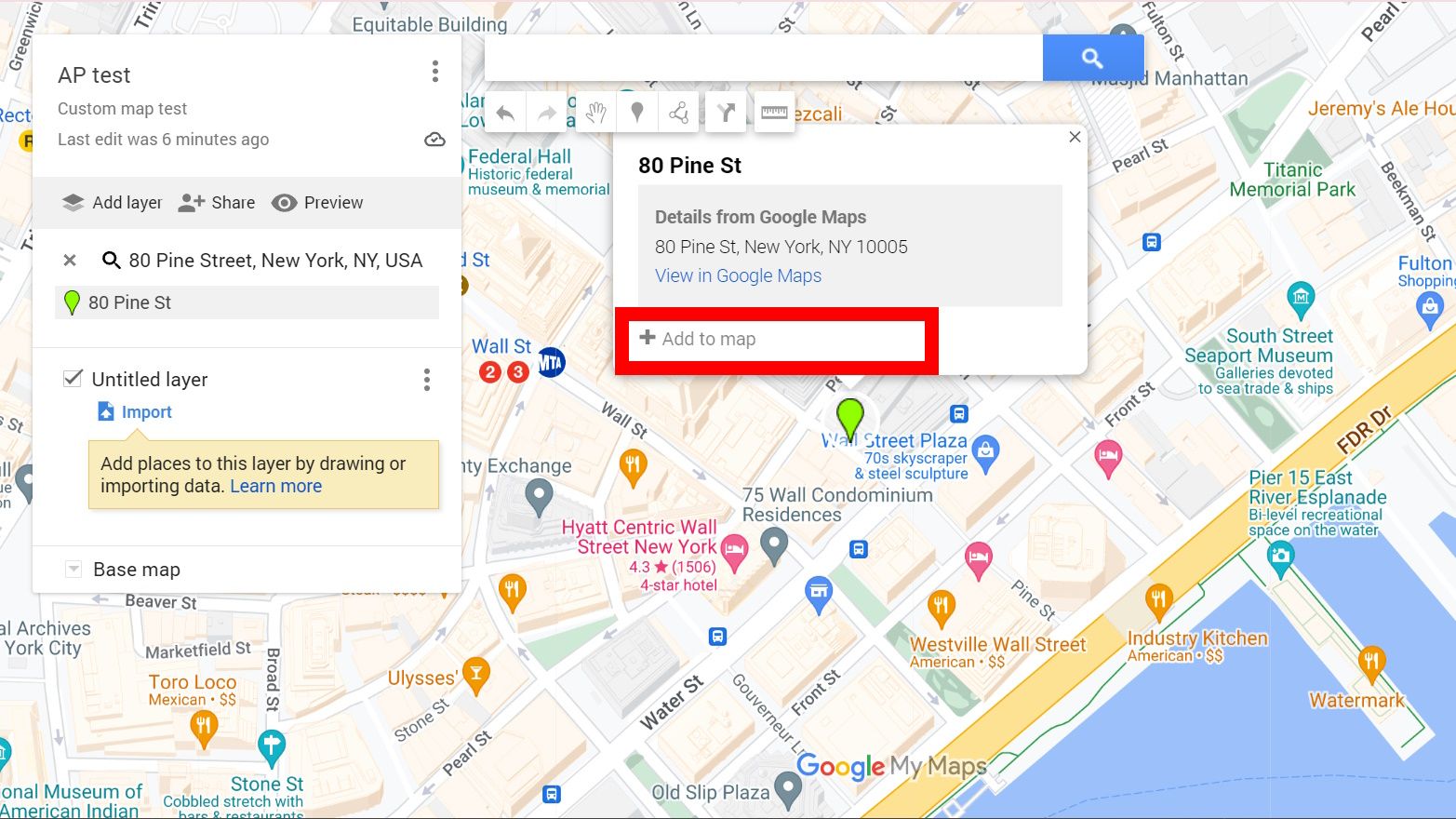 red rectangle outline over add to map option in google my maps