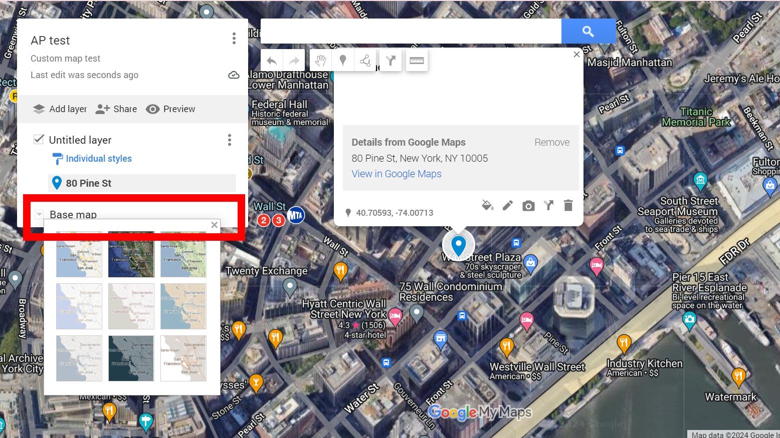 red rectangle outline over base map drop down in google my maps