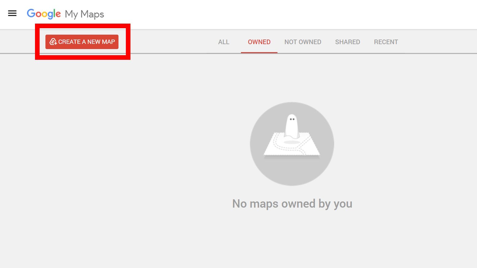 red rectangle outline over create a new map button in Google My Maps