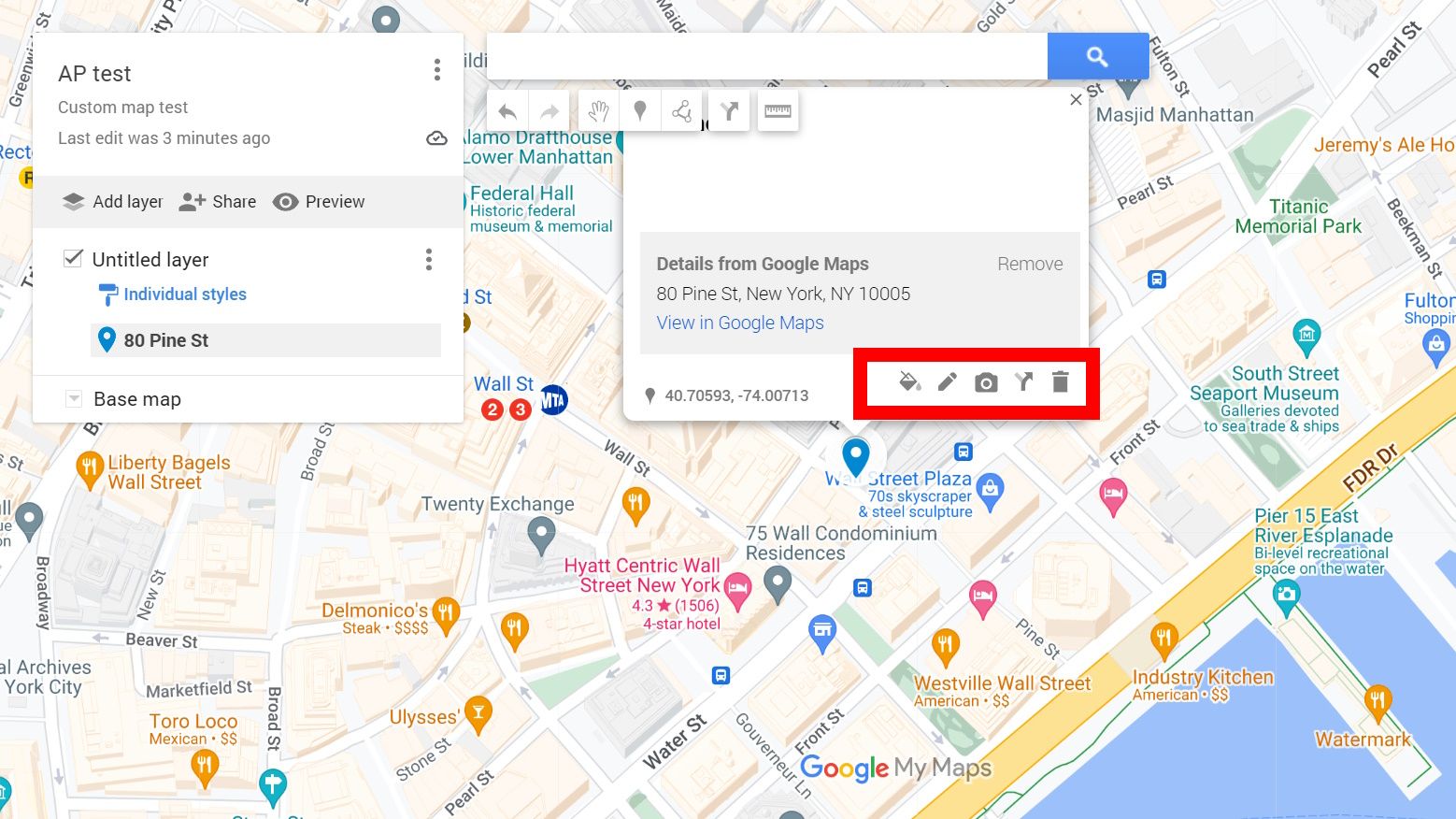 red rectangle outline over google my maps edit pin options