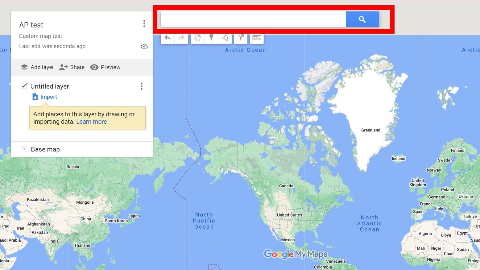 red rectangle outline over google my maps search bar