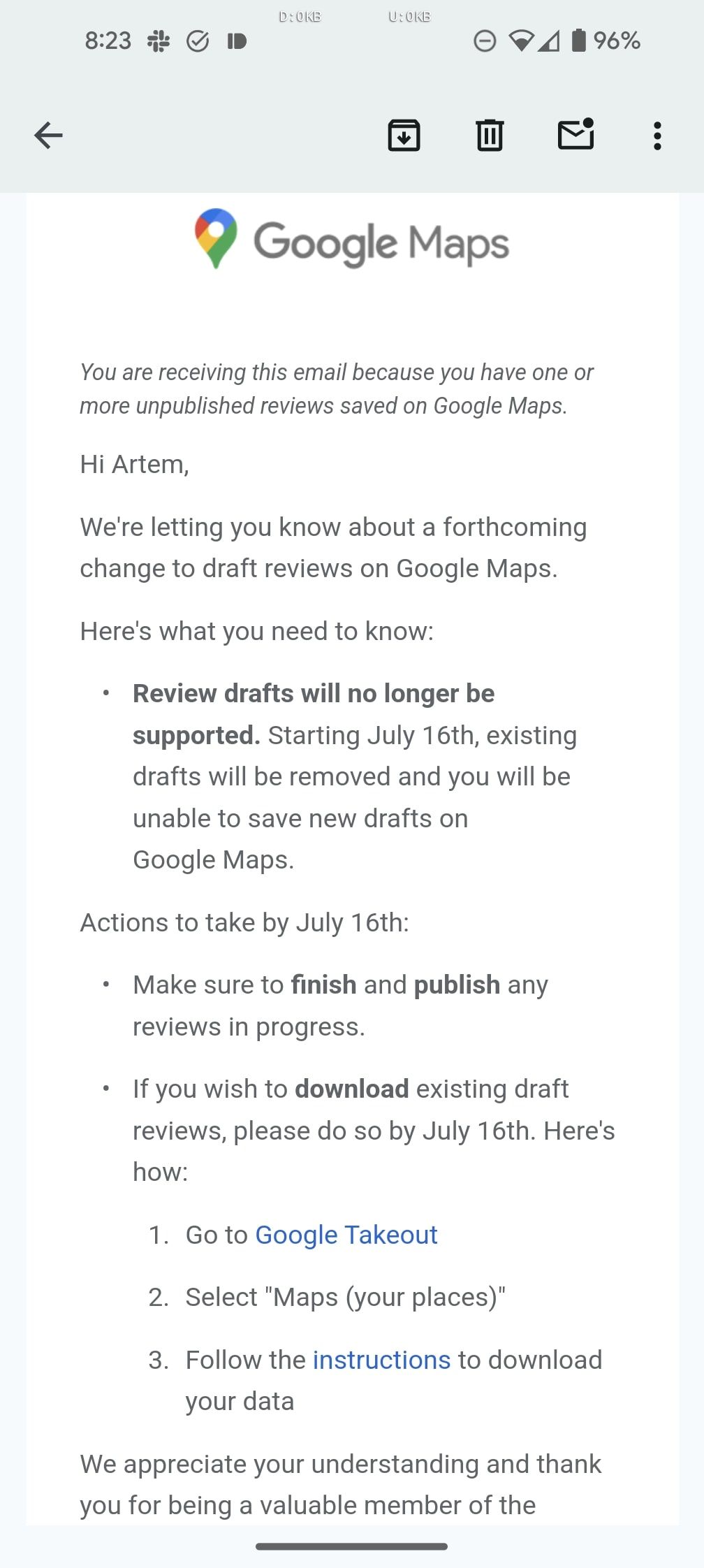 Google's email to Maps users regarding unfinished reviews