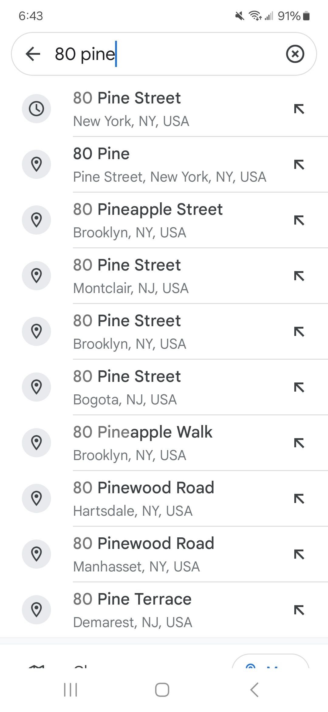 Searching for a location in the Google Maps app on a smartphone