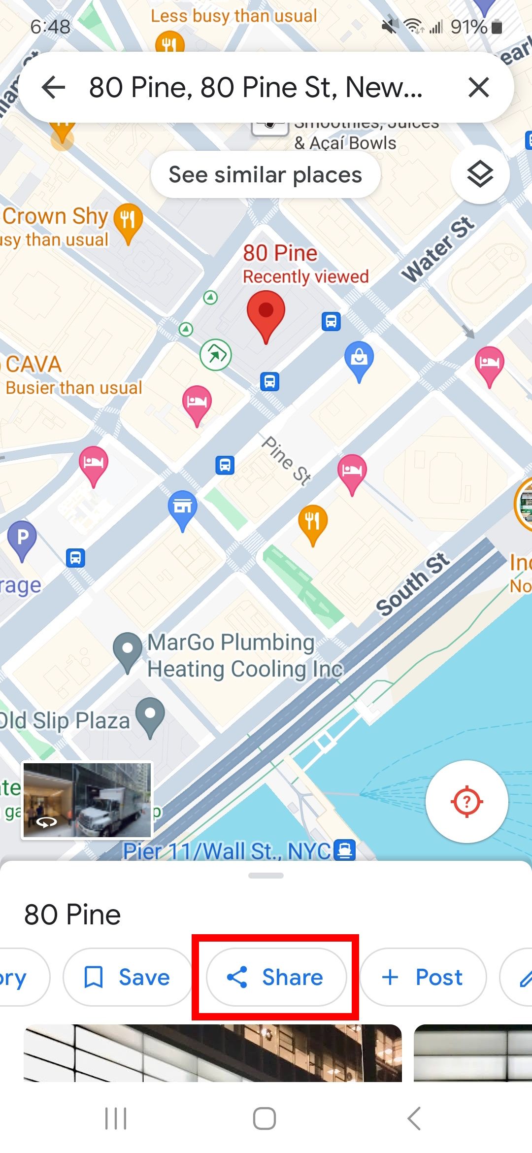 red rectangle outline over share button in google maps app