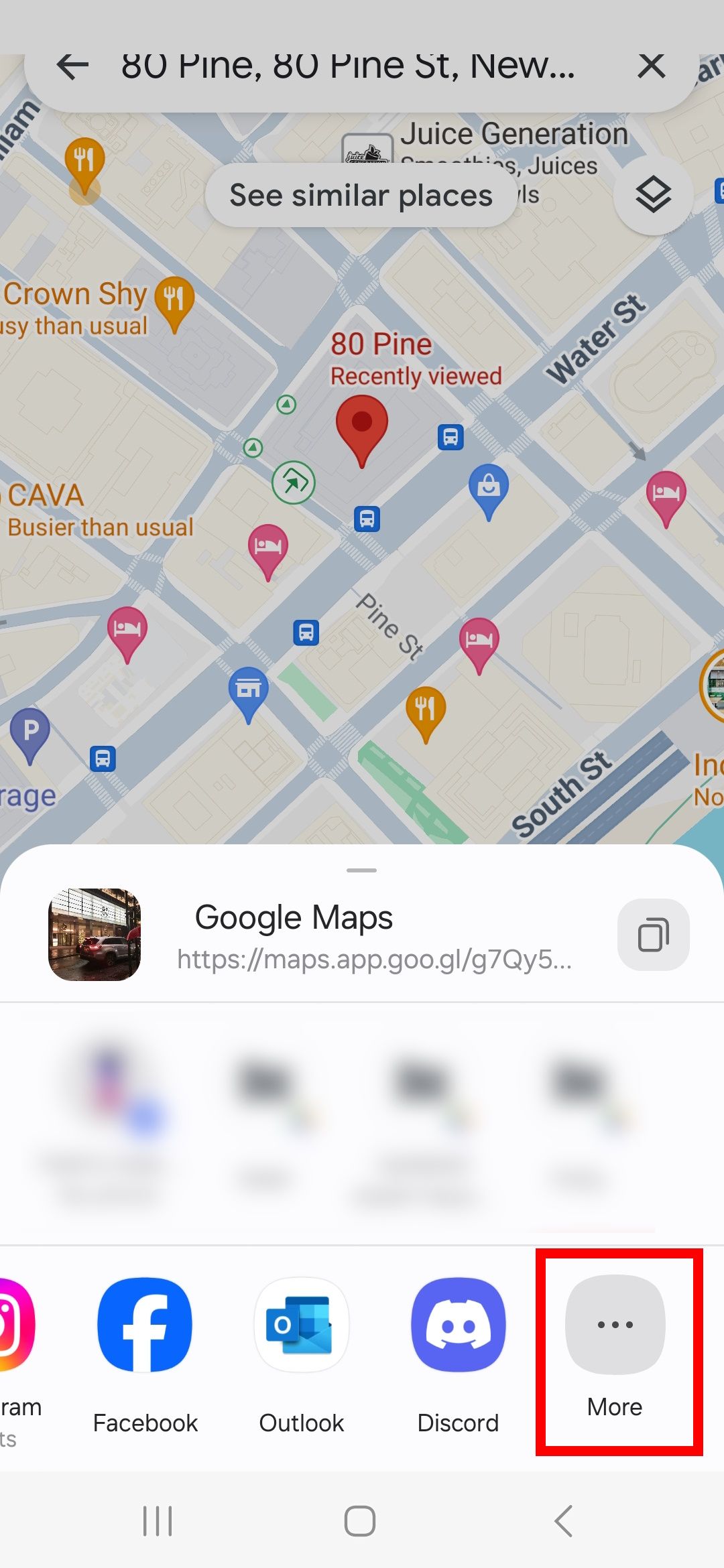 red rectangle outline over more options under share in google maps app