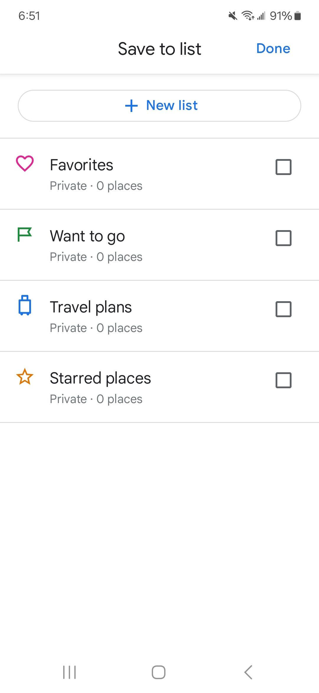 list of save to list options in google maps app