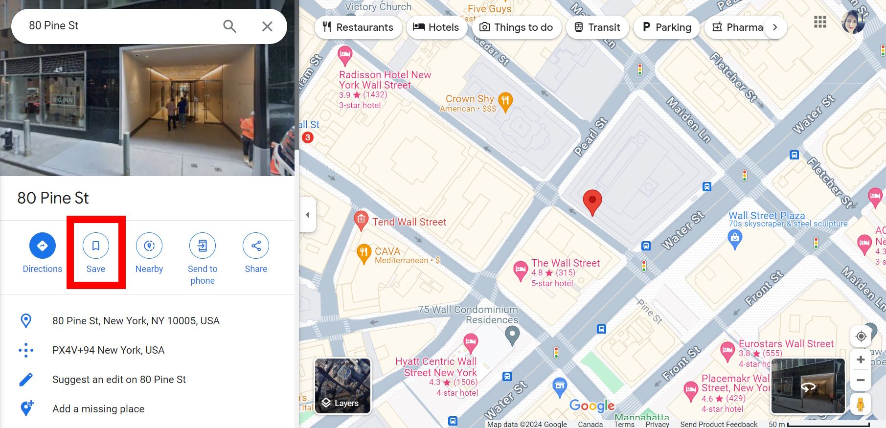 red rectangle outline over save button on left menu in google maps