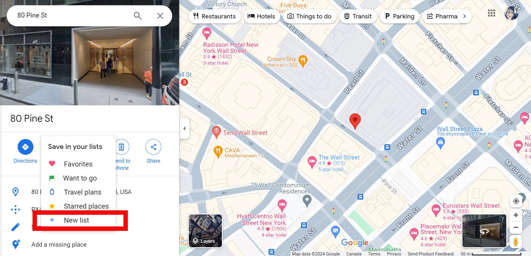 red rectangle outline over new list option in google maps web under save in your lists