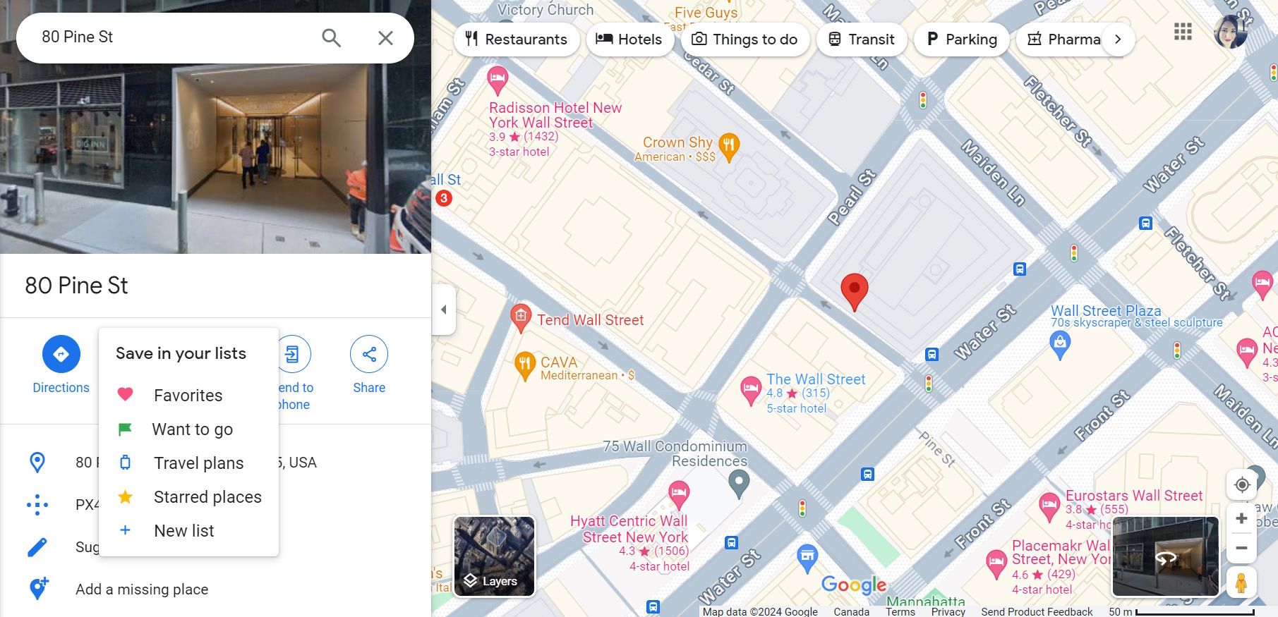 Pinning a location to a list in Google Maps on the web