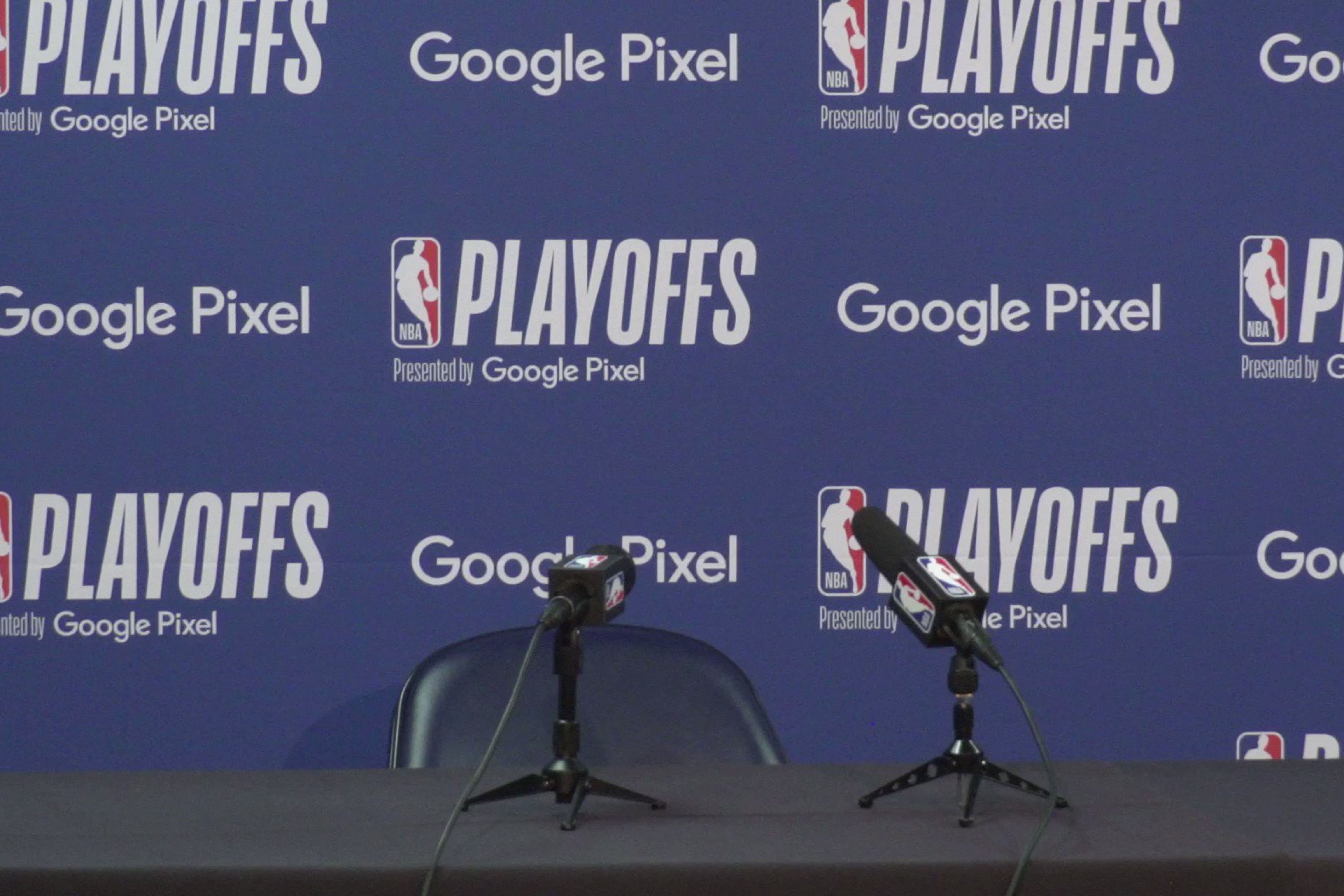 The backdrop of press conferences in the NBA playoffs.