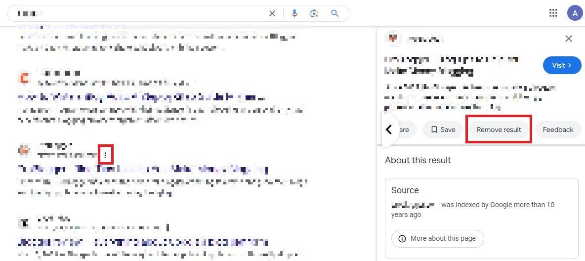 Screenshot highlighting Remove result on the Google Search page
