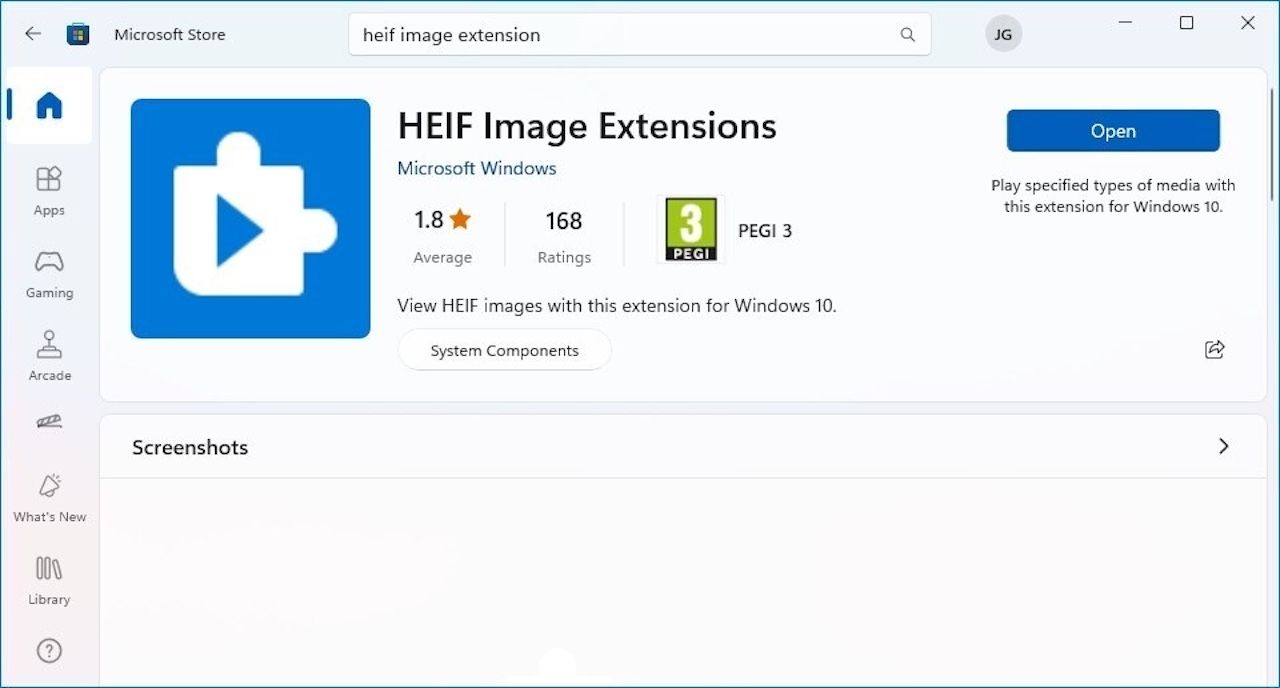 Installed HEIF File Extensions on Microsoft Store