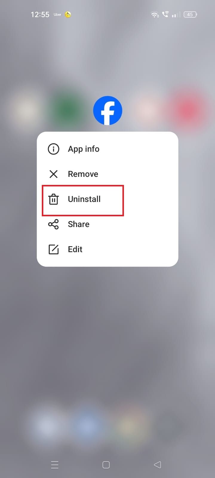 A screenshot highlighting the Uninstall option in Android