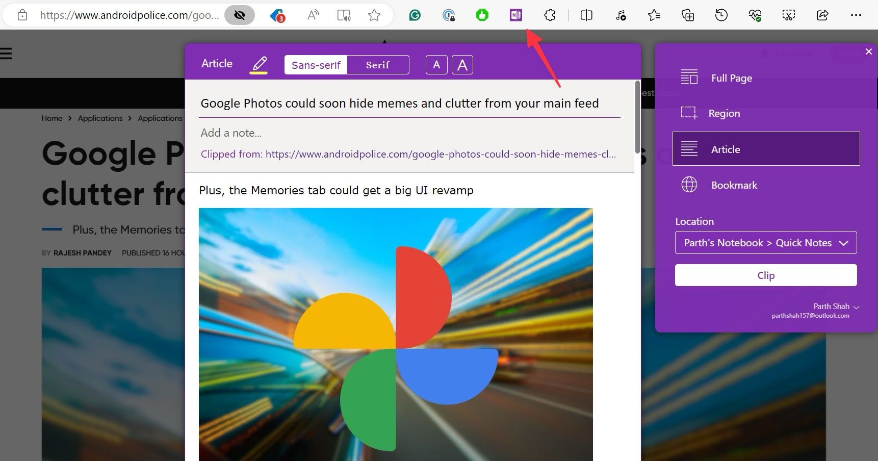 Clip articles to OneNote