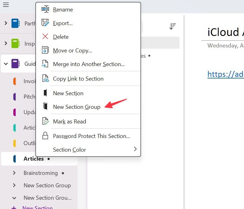 Create new section group in OneNote