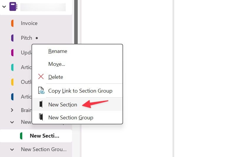 Add new section in OneNote