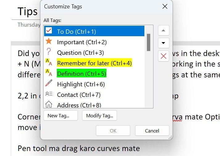 Create a new tag in OneNote