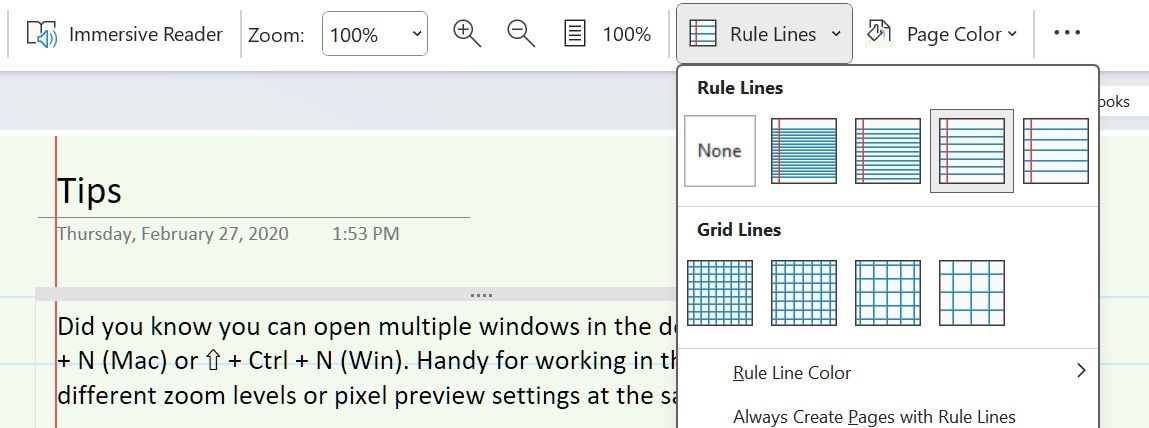 Change OneNote rule lines