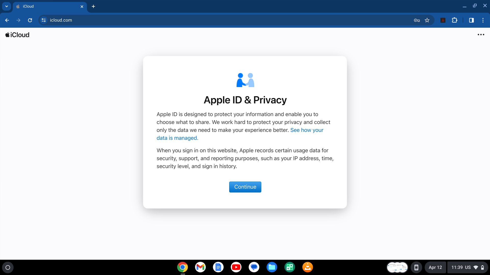 iCloud web Apple ID & Privacy sign in modal window