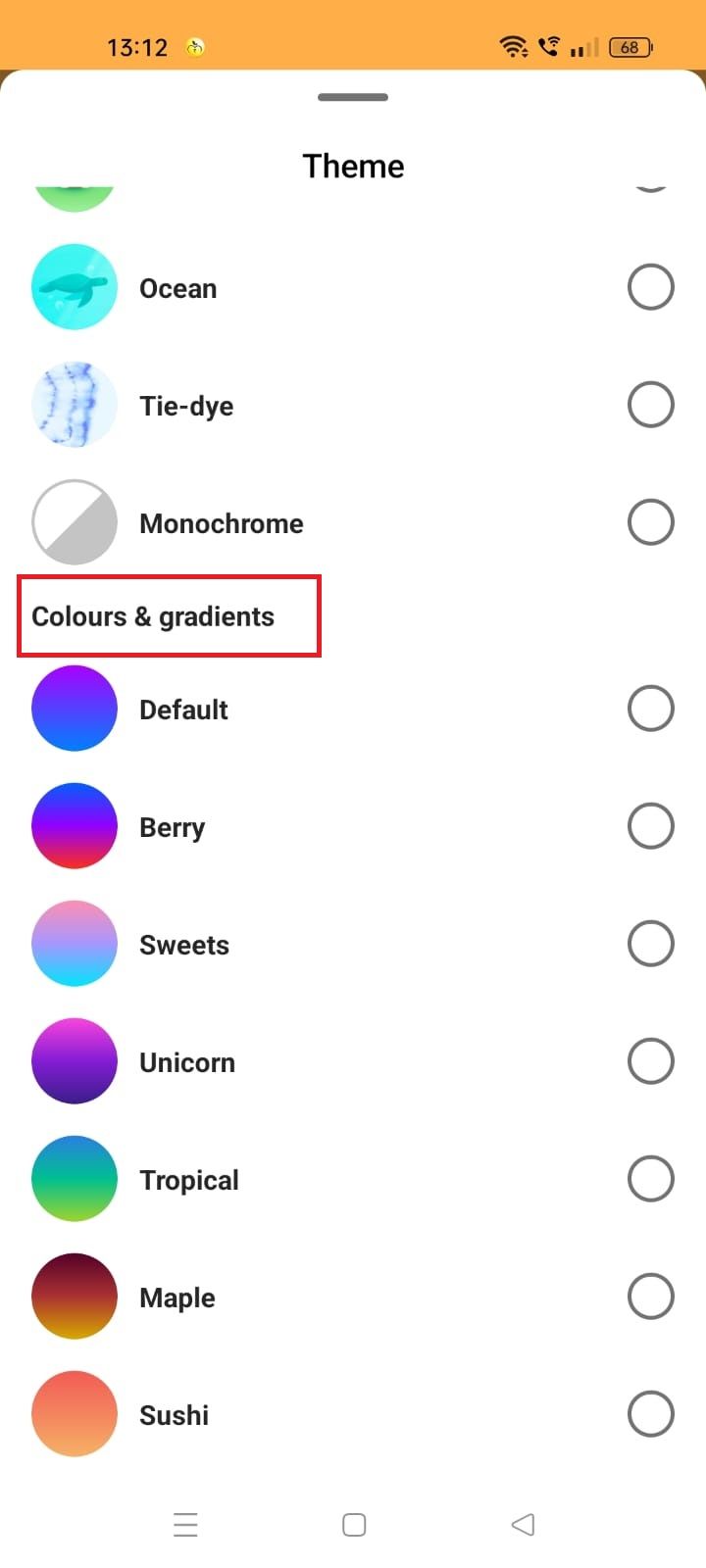 Screenshot highlighting the Colors & gradients option in the Instagram app