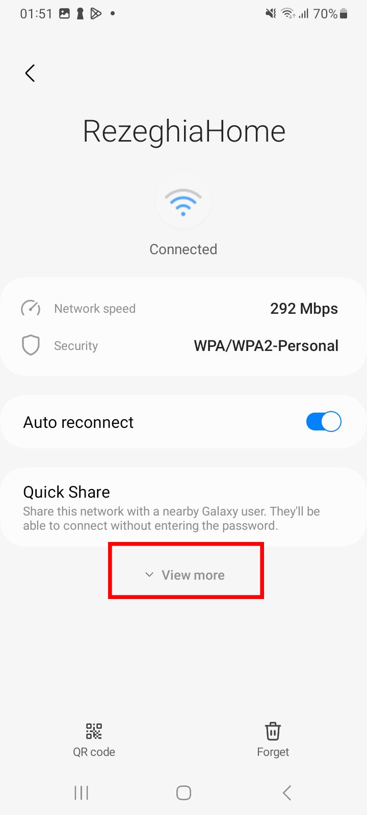 Detailed Wi-Fi settings for 'RezeghiaHome' on a Samsung phone, with options for network speed, security, and a button for 'View more'.