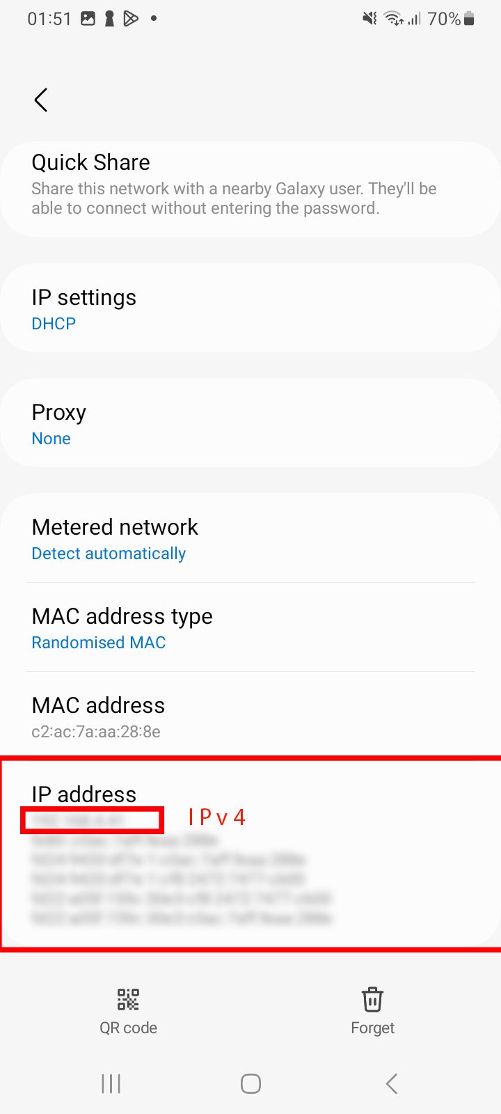 Further detailed settings for the 'RezeghiaHome' Wi-Fi network on a Samsung phone, showing IP settings, MAC address, and other options including the device's IP address.