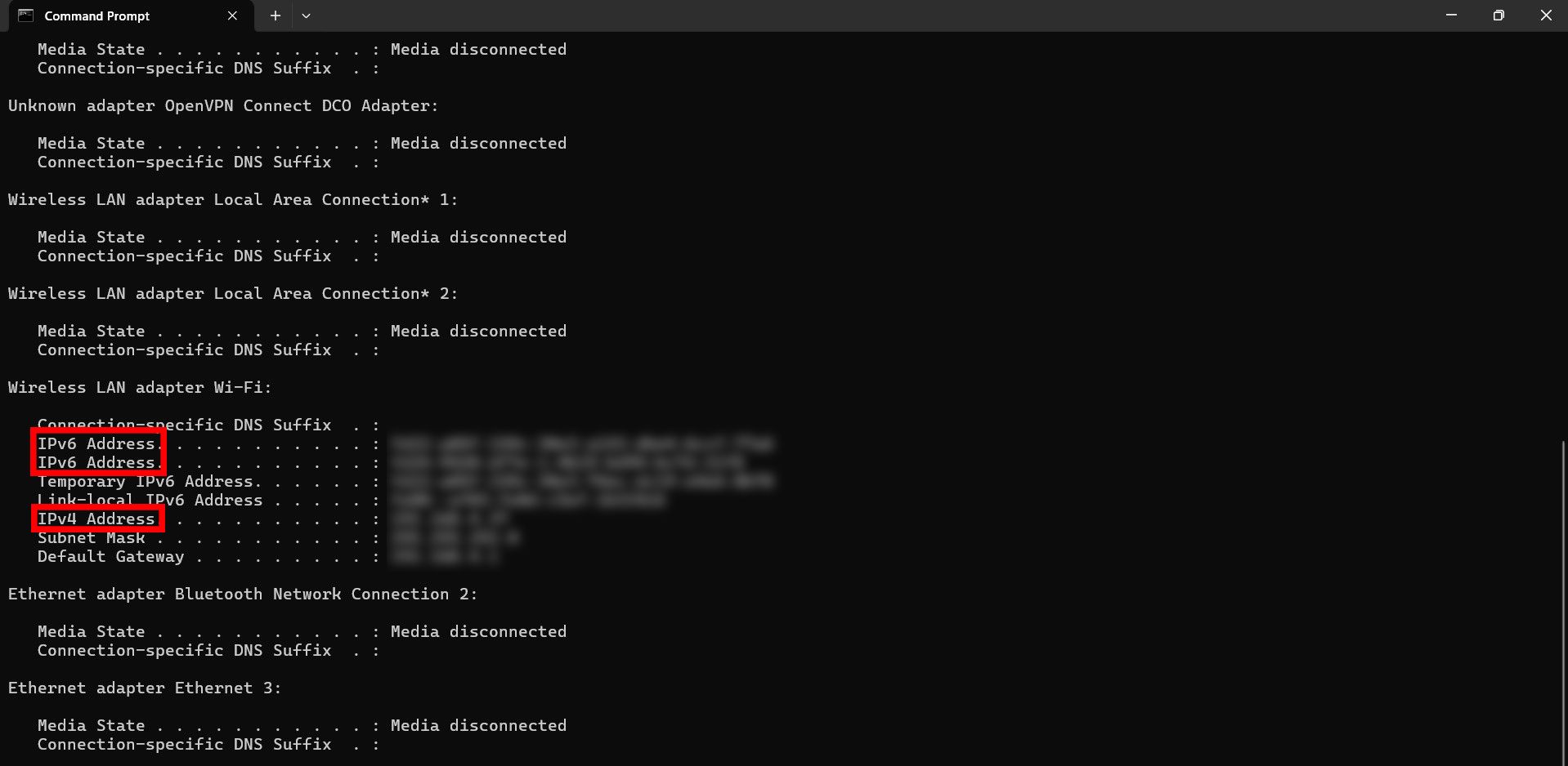 A screenshot of the Command Prompt window on a Windows computer with the 'ipconfig' command executed, showing network configuration details including IPv6 and IPv4 addresses.