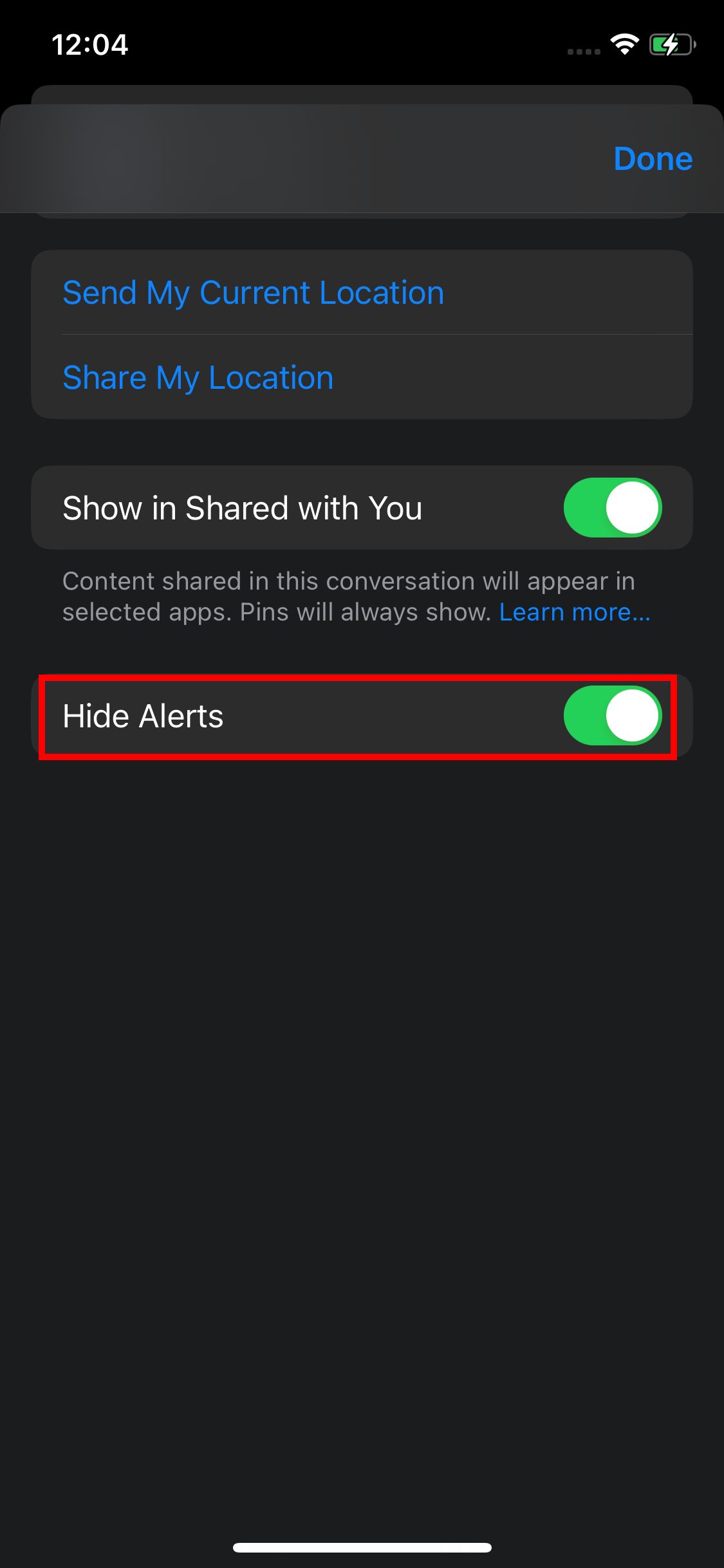 Turn on Hide Alerts and select Done.