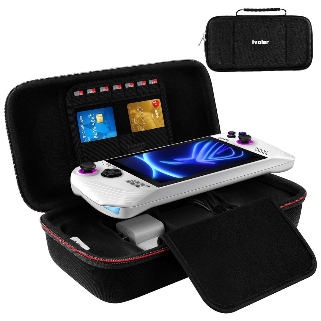 A handheld gaming console on top of a black carrying case