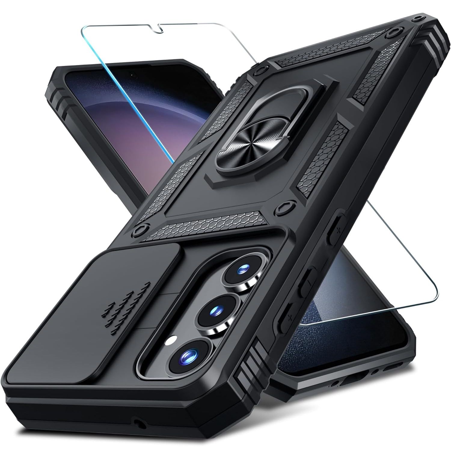 Janmitta Heavy Duty Case for Galaxy A35, angled and overlayed front and back views