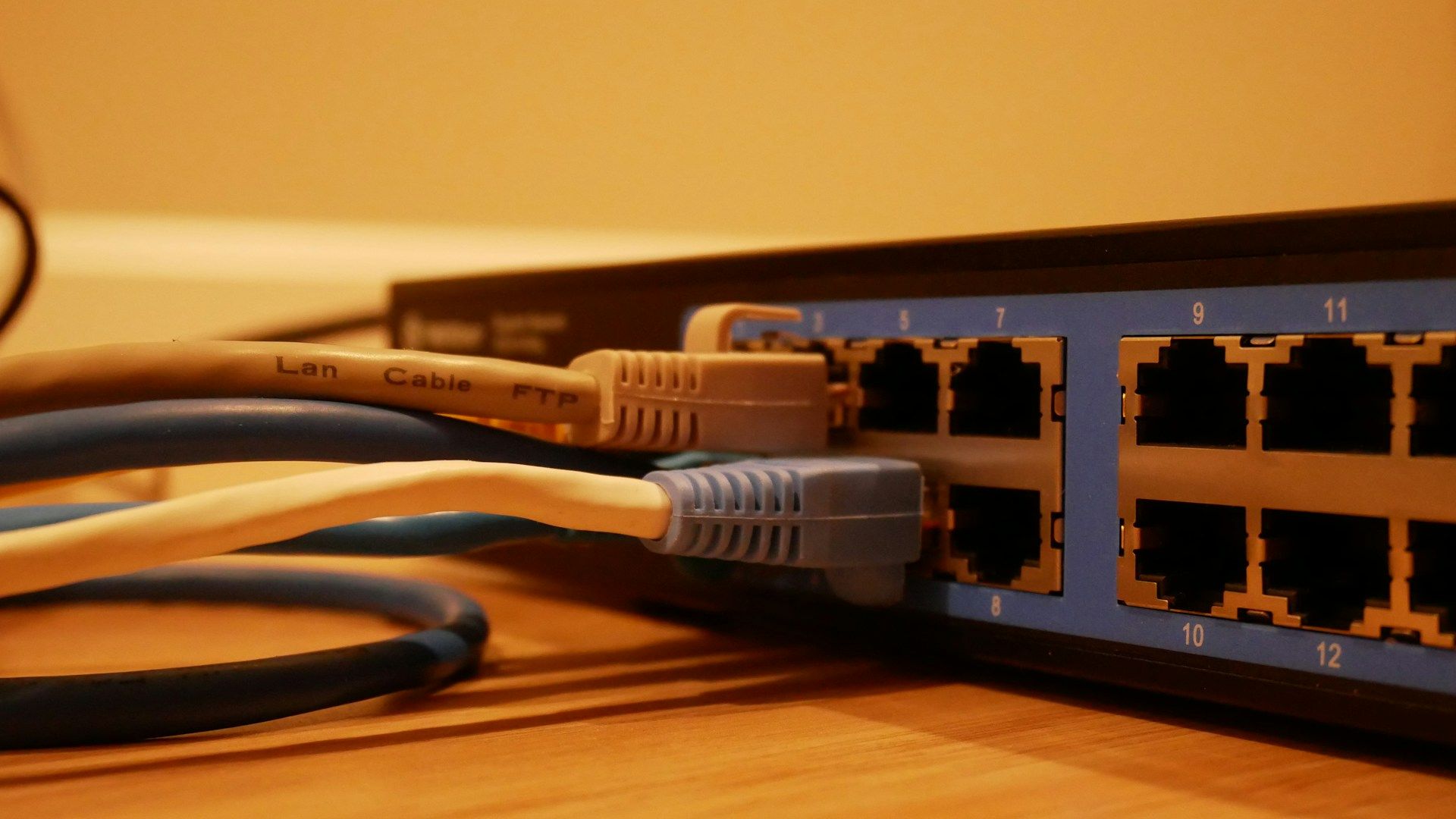 The image shows a close-up of a network switch with Ethernet cables connected in some ports, labeled with numbers, indicating a setup for local area networking.