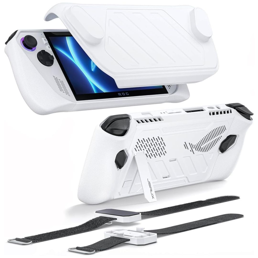 A white handheld gaming console with a white protective case